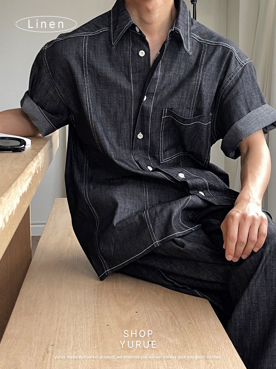 [셋업 가능/Linen] Clever nonfade denim half shirts (3color)