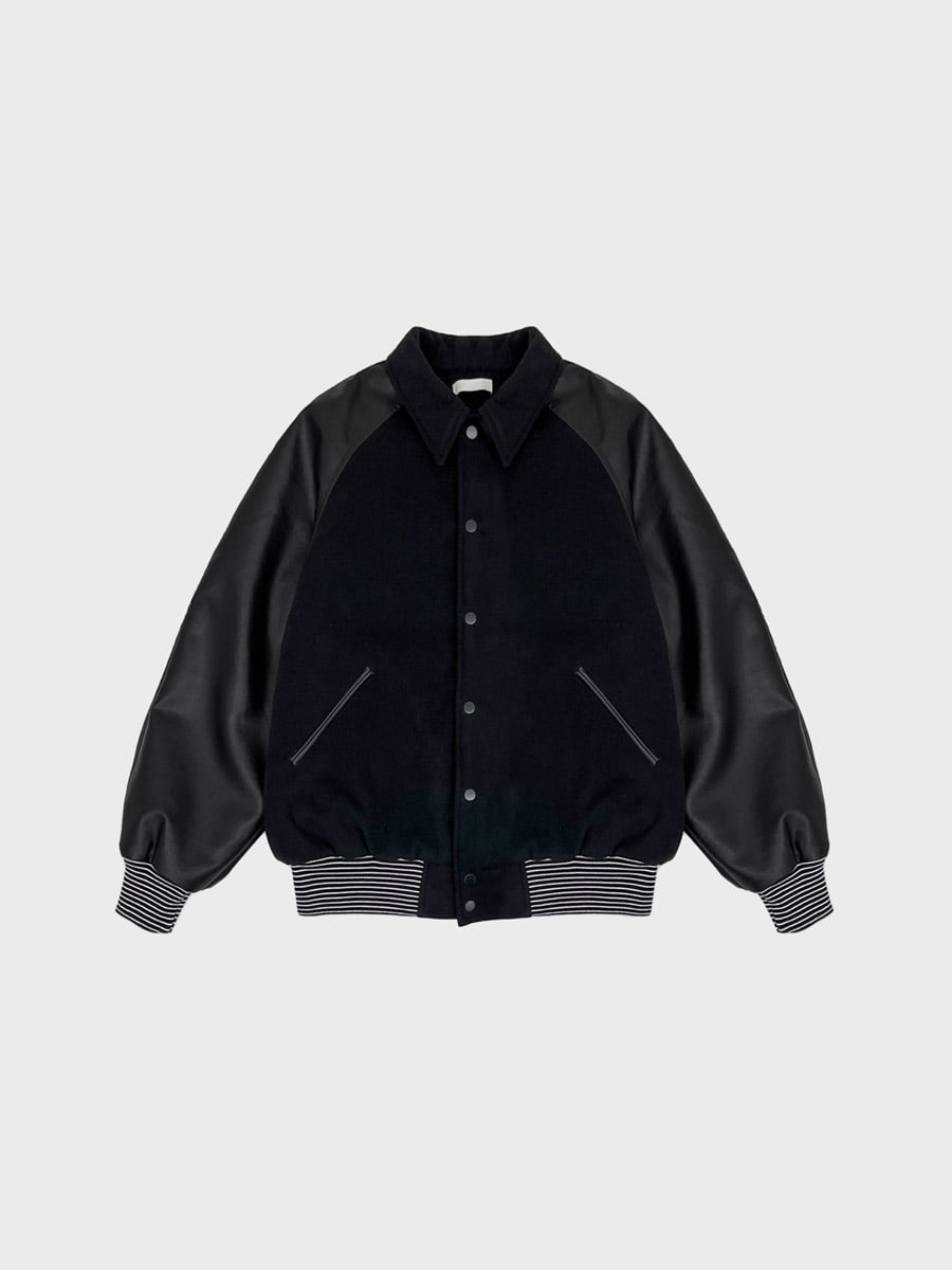 [Woo] Coma leather varsity jumper (3color)
